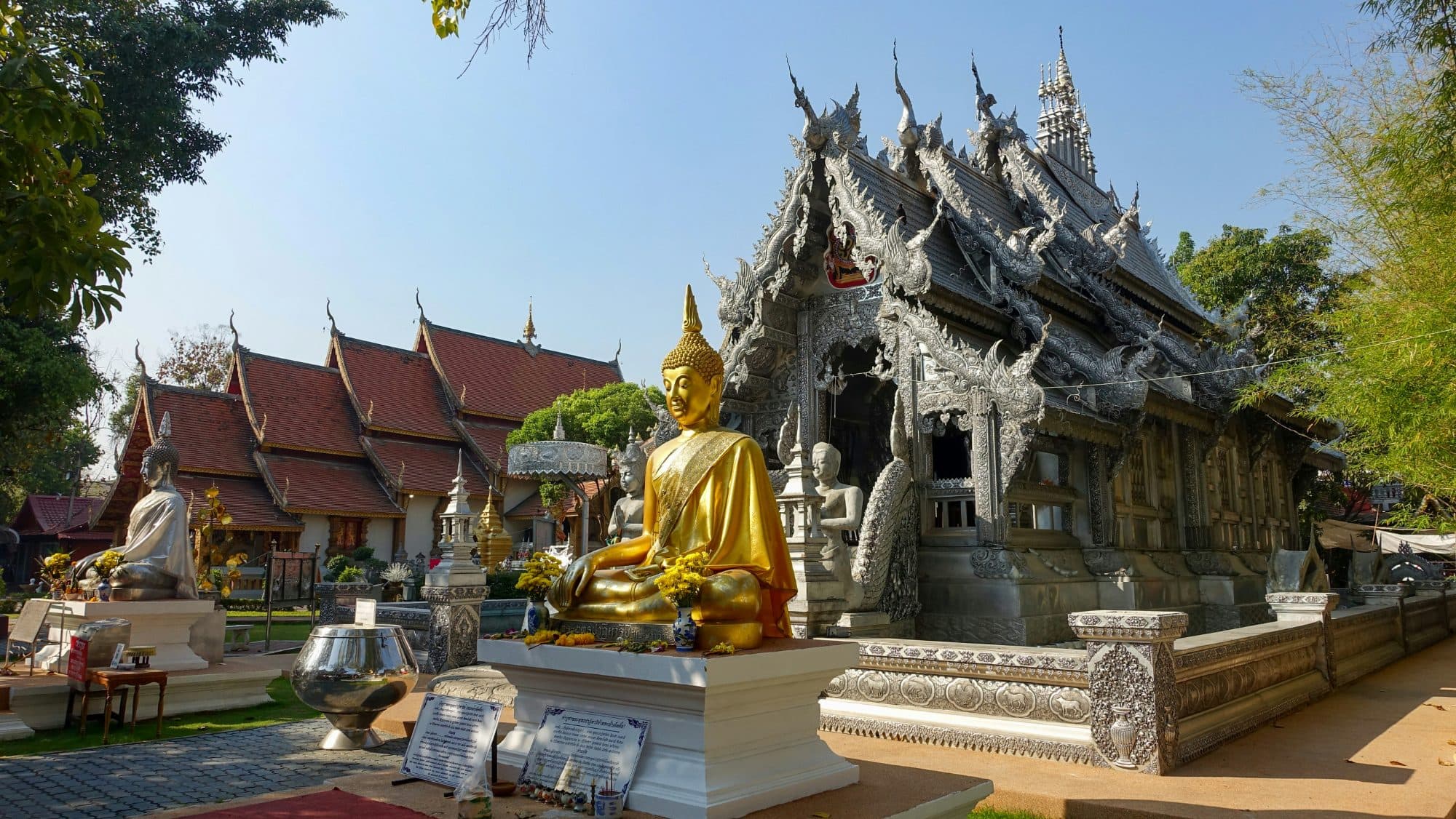 Red umbrellas and temple courtyard, Chiang Mai