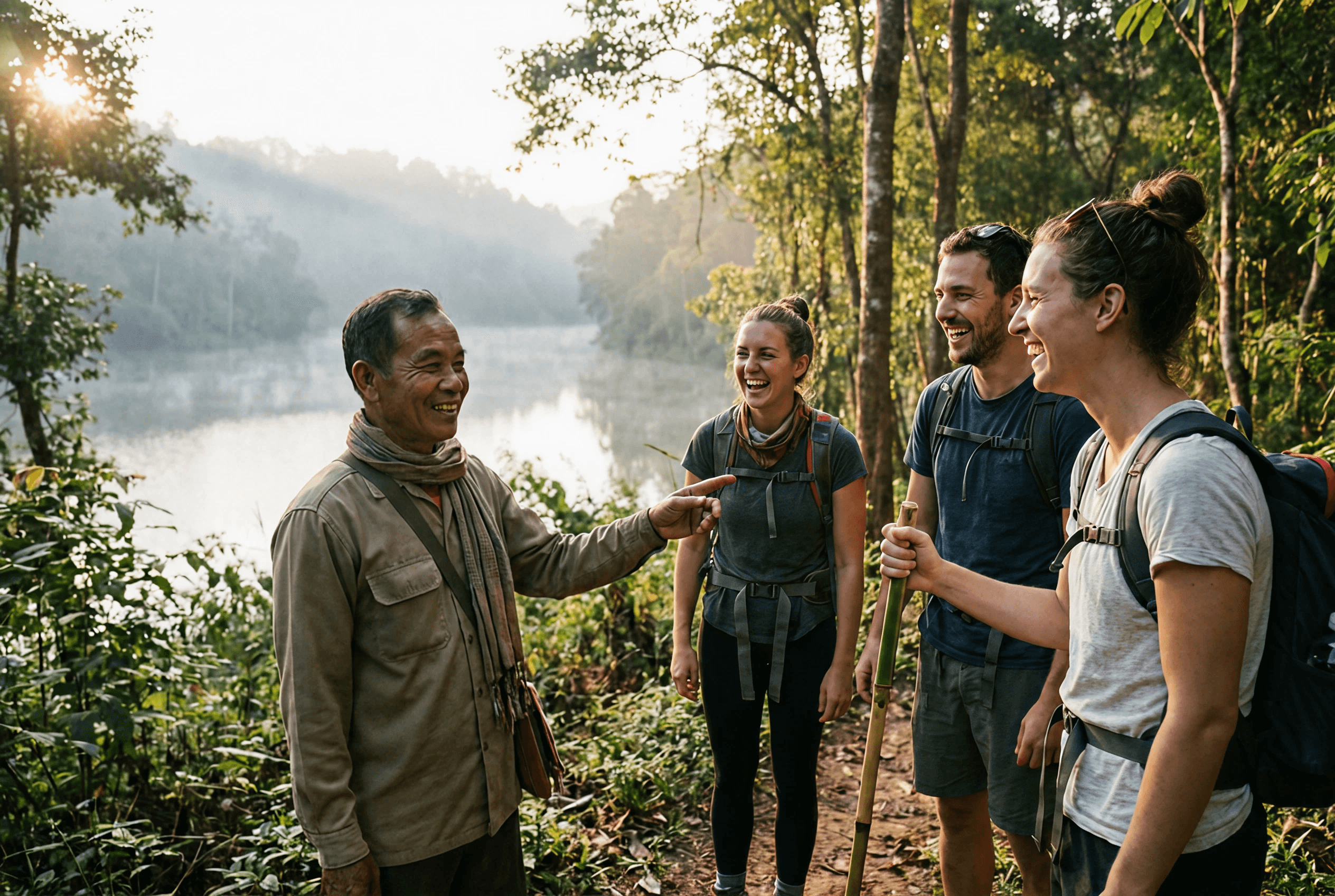 A Thai guide with guests on a forest trail at first light