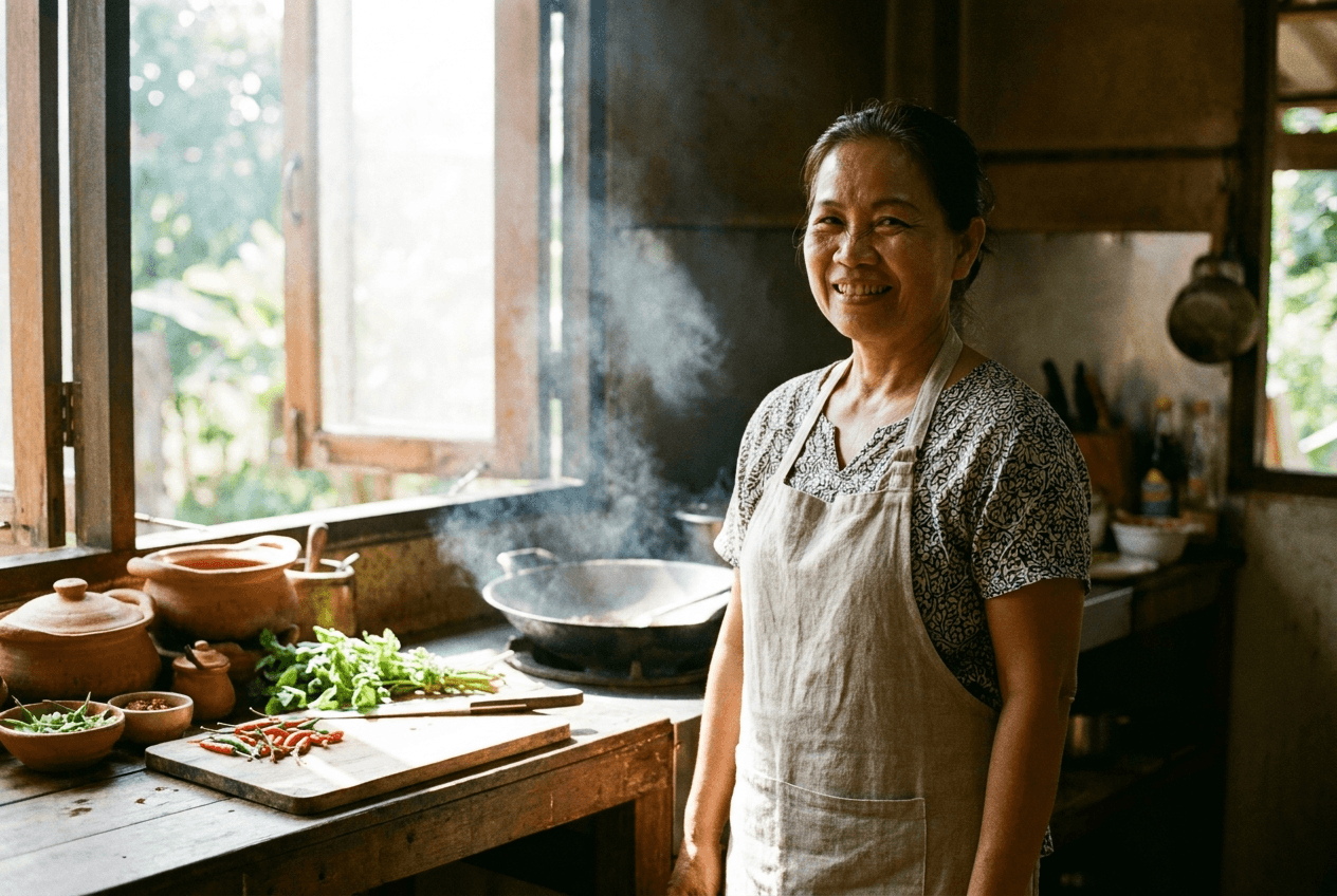 Chef Noi cooking in her open kitchen, Chiang Mai